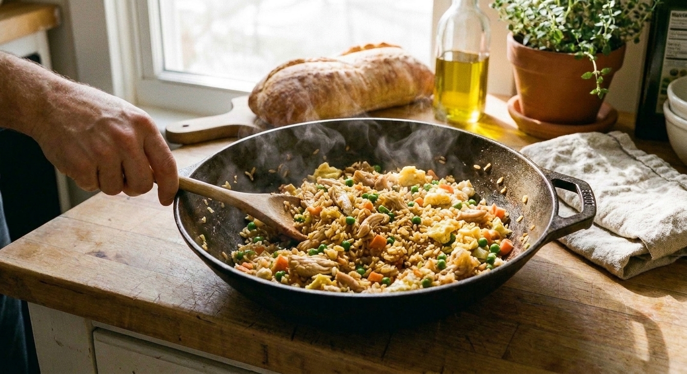 Chicken fried rice cooking in a wok with peas, carrots, and scrambled egg