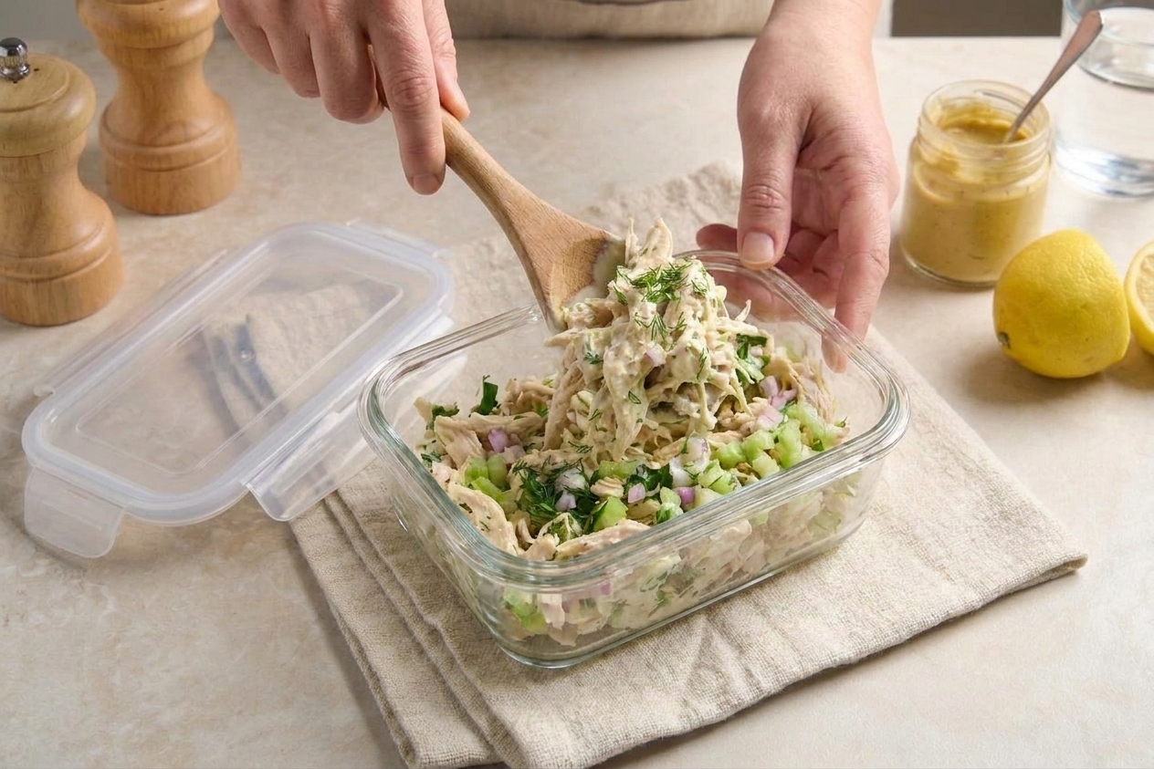 Chicken salad being spooned into a lidded storage container on a bright kitchen counter