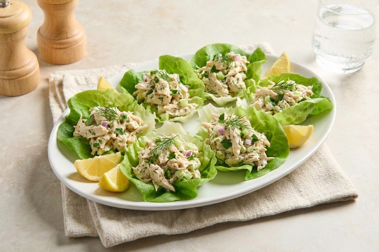Chicken salad scooped into crisp lettuce cups on a white platter with lemon wedges
