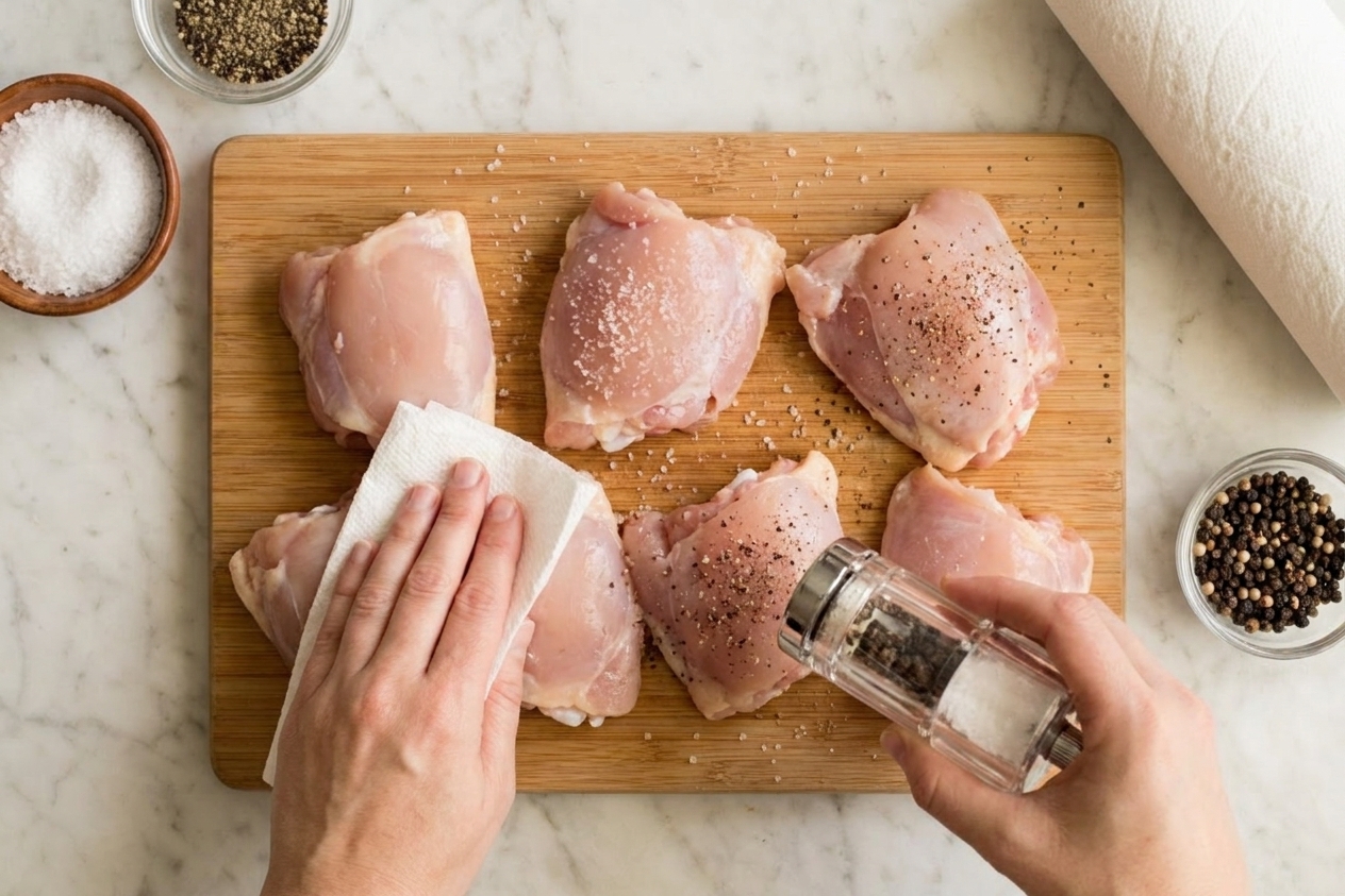 Chicken thighs being patted dry and seasoned with salt and pepper on a cutting board.