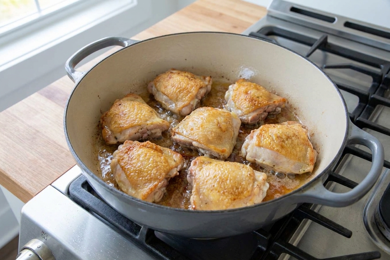 Chicken thighs browning skin-side down in a Dutch oven on a stovetop, with rendered fat and golden crisp skin