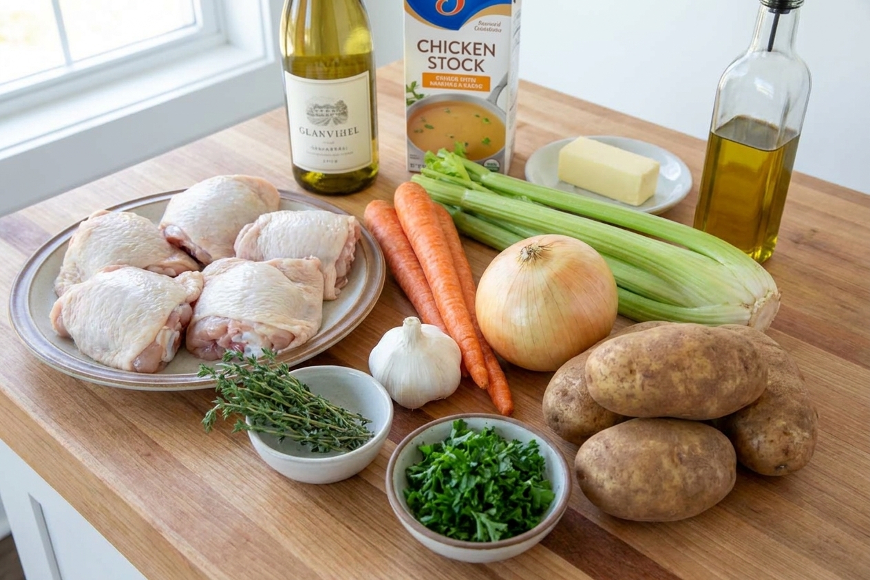 Chicken thighs, carrots, celery, onion, garlic, potatoes, thyme, parsley, white wine, chicken stock, butter, and olive oil arranged on a kitchen counter