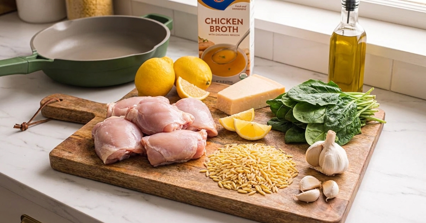 Chicken thighs, dry orzo, lemons, garlic, chicken broth, Parmesan, spinach, and olive oil arranged on a kitchen counter