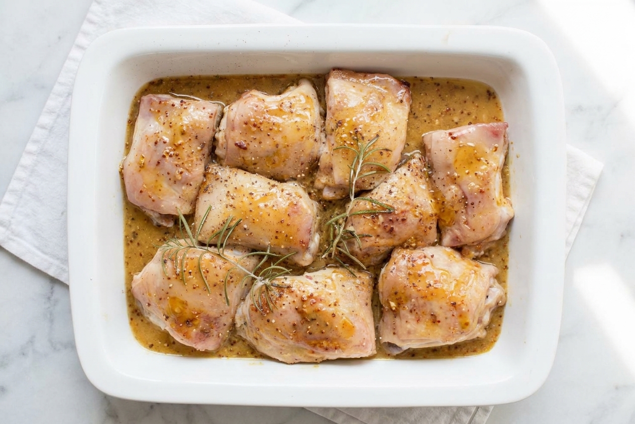 Chicken thighs in a ceramic baking dish covered in honey mustard sauce, ready to go into the oven