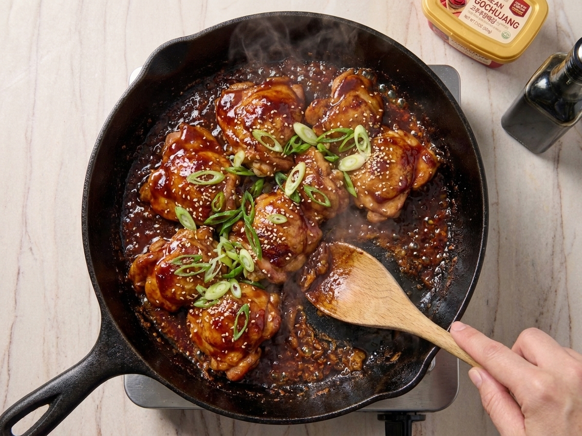 Chicken thighs sizzling in a cast iron skillet with caramelized marinade bubbling at the edges while a wooden spoon scrapes browned bits