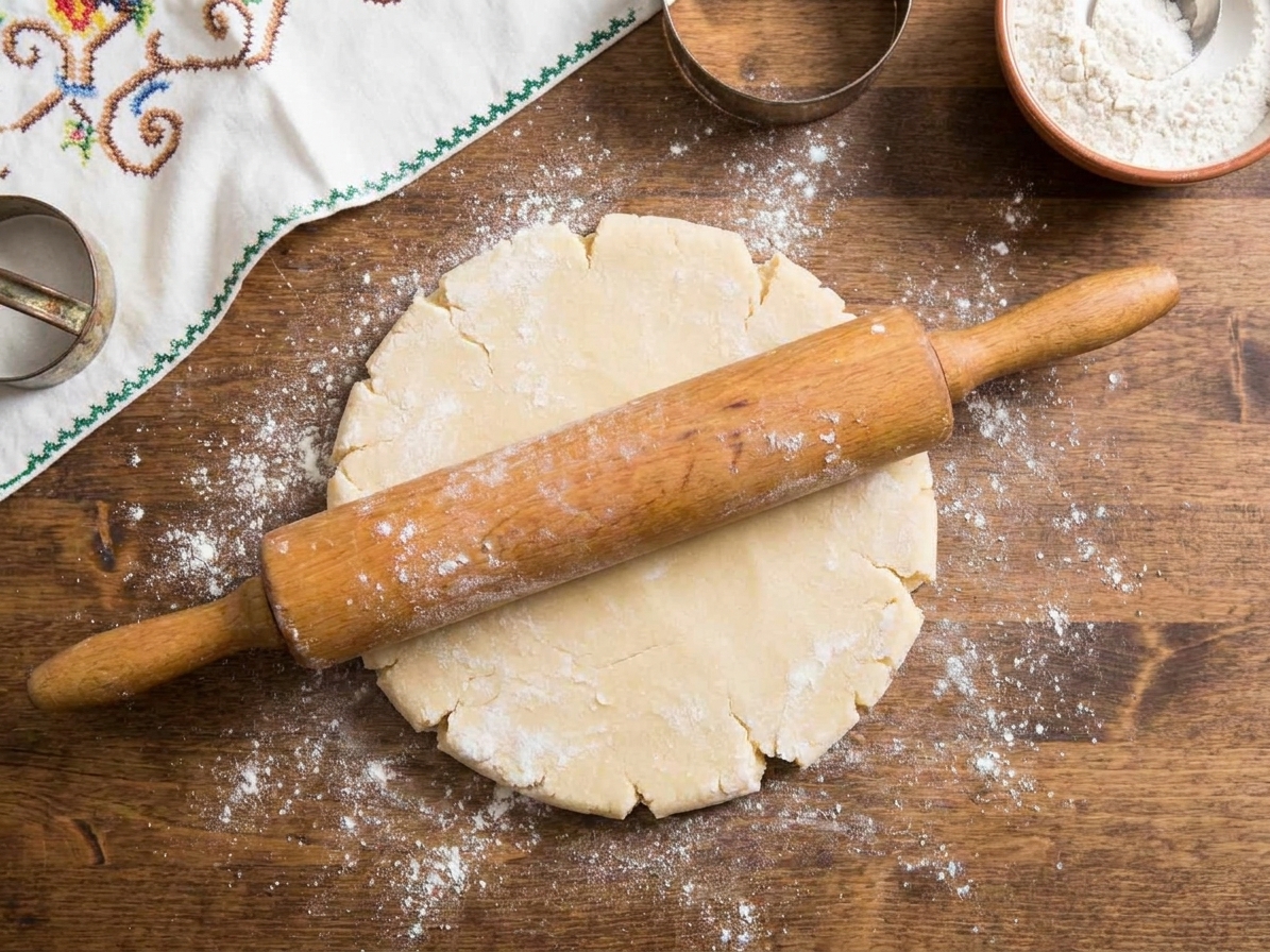 Chilled sugar cookie dough being rolled with a wooden rolling pin on a lightly floured counter
