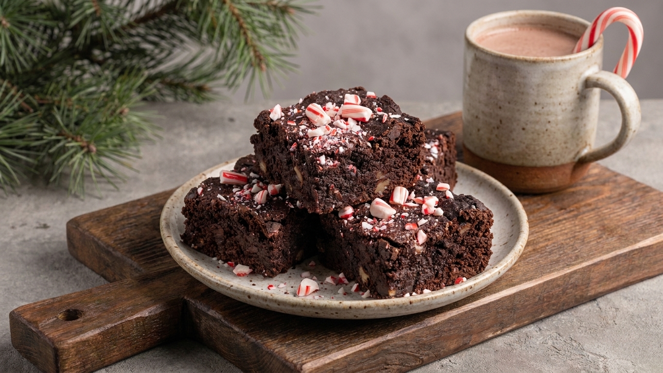 Chocolate brownie squares topped with crushed peppermint candy, arranged on a small plate with a mug nearby