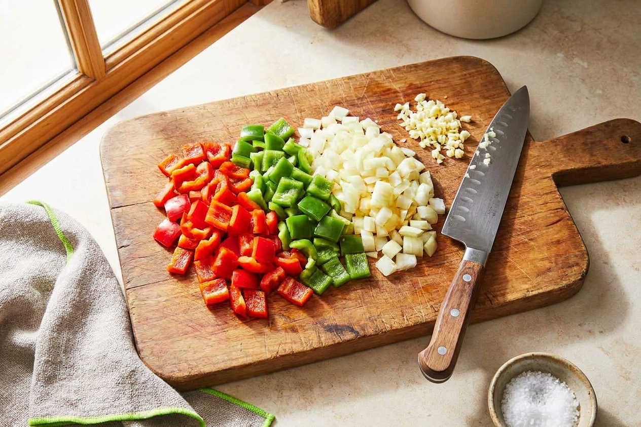 Chopped bell peppers, diced onion, and minced garlic arranged on a cutting board next to a chef's knife on a kitchen counter