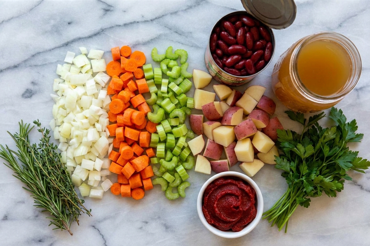 Chopped onions, carrots, celery, potatoes, canned beans, tomato paste, broth, and herbs arranged on a kitchen counter ready for soup