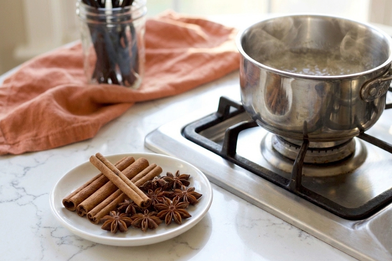 Cinnamon sticks and star anise on a small plate next to a saucepan on a stovetop