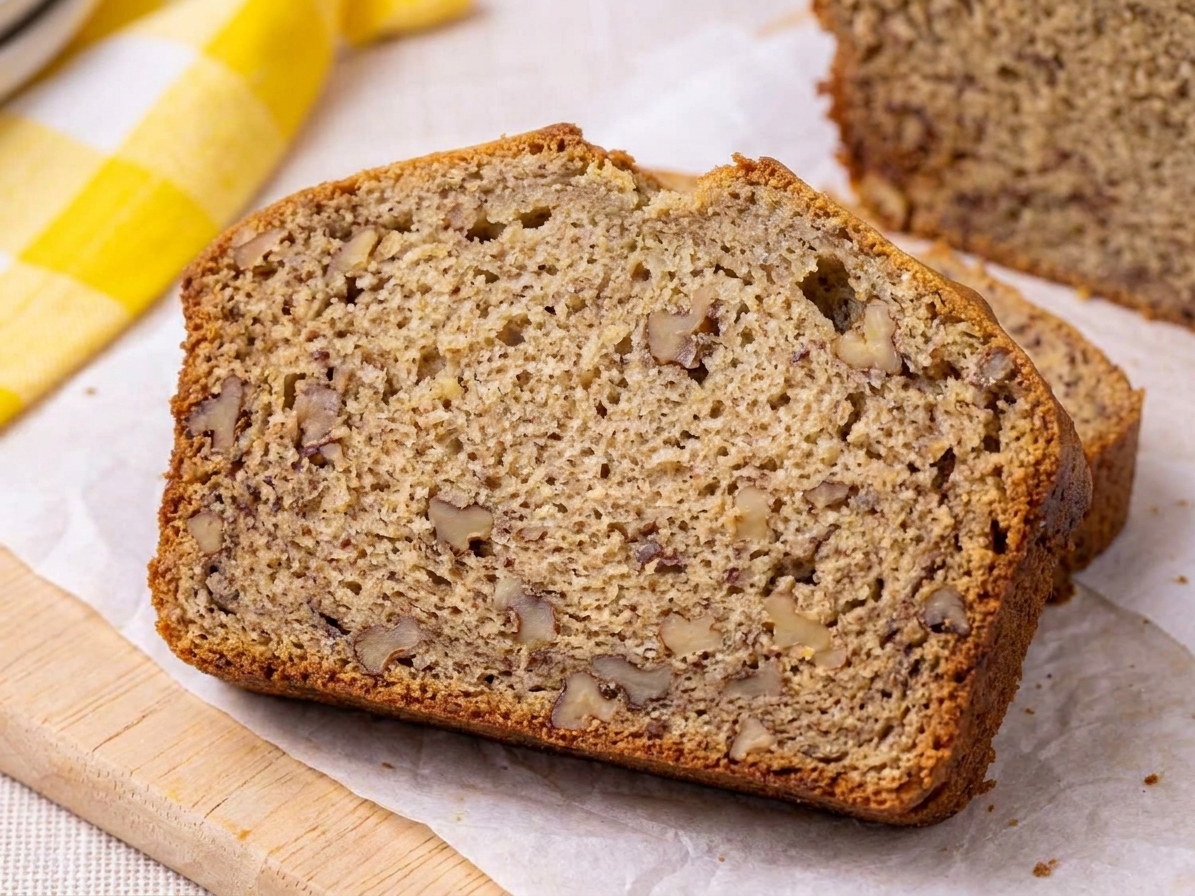 Close-up of a banana bread slice showing chopped walnuts throughout the tender crumb