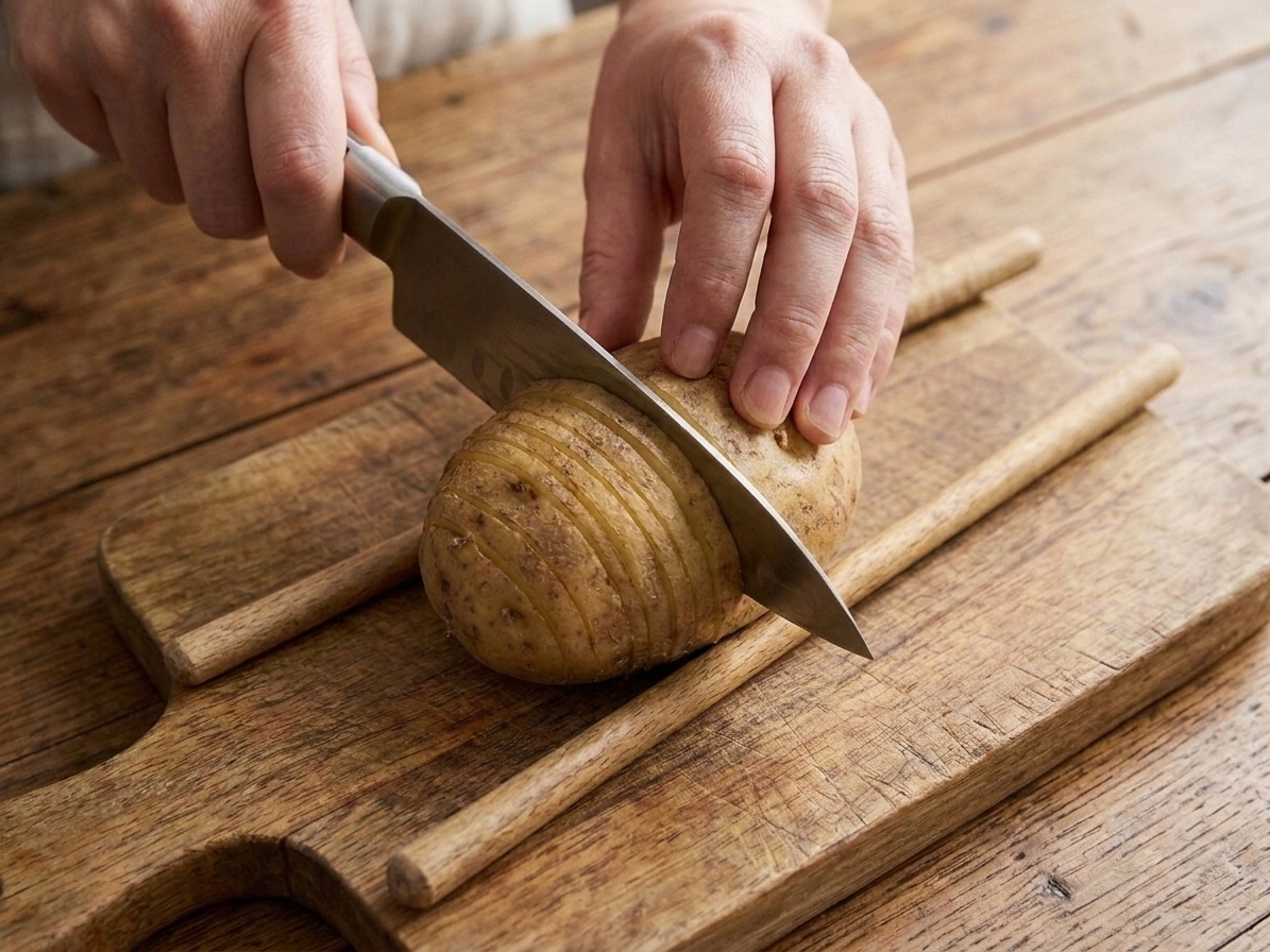 Close-up of a knife making very thin slices across a raw potato while the potato rests between chopsticks