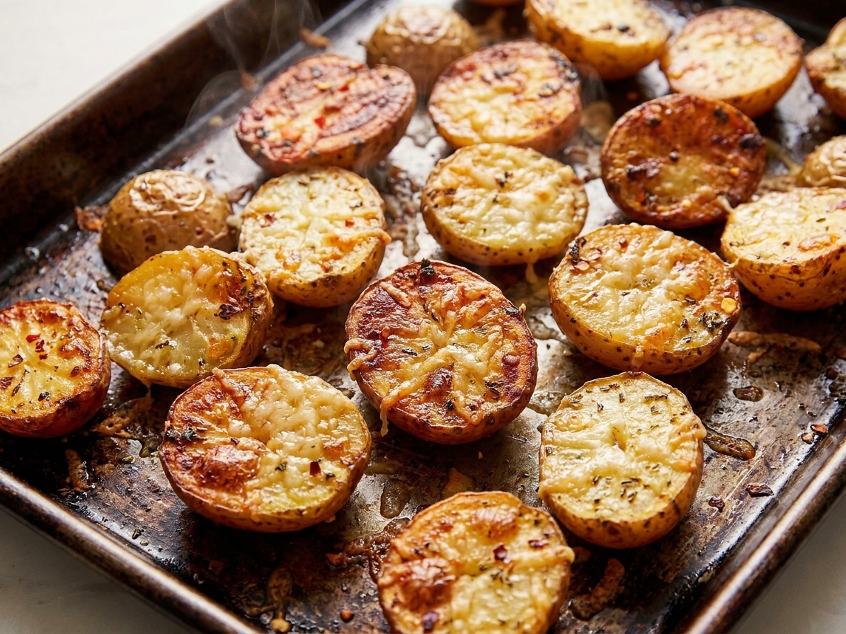 Close up of oven roasted potatoes with crisp browned edges and melted Parmesan clinging to the surface on a sheet pan