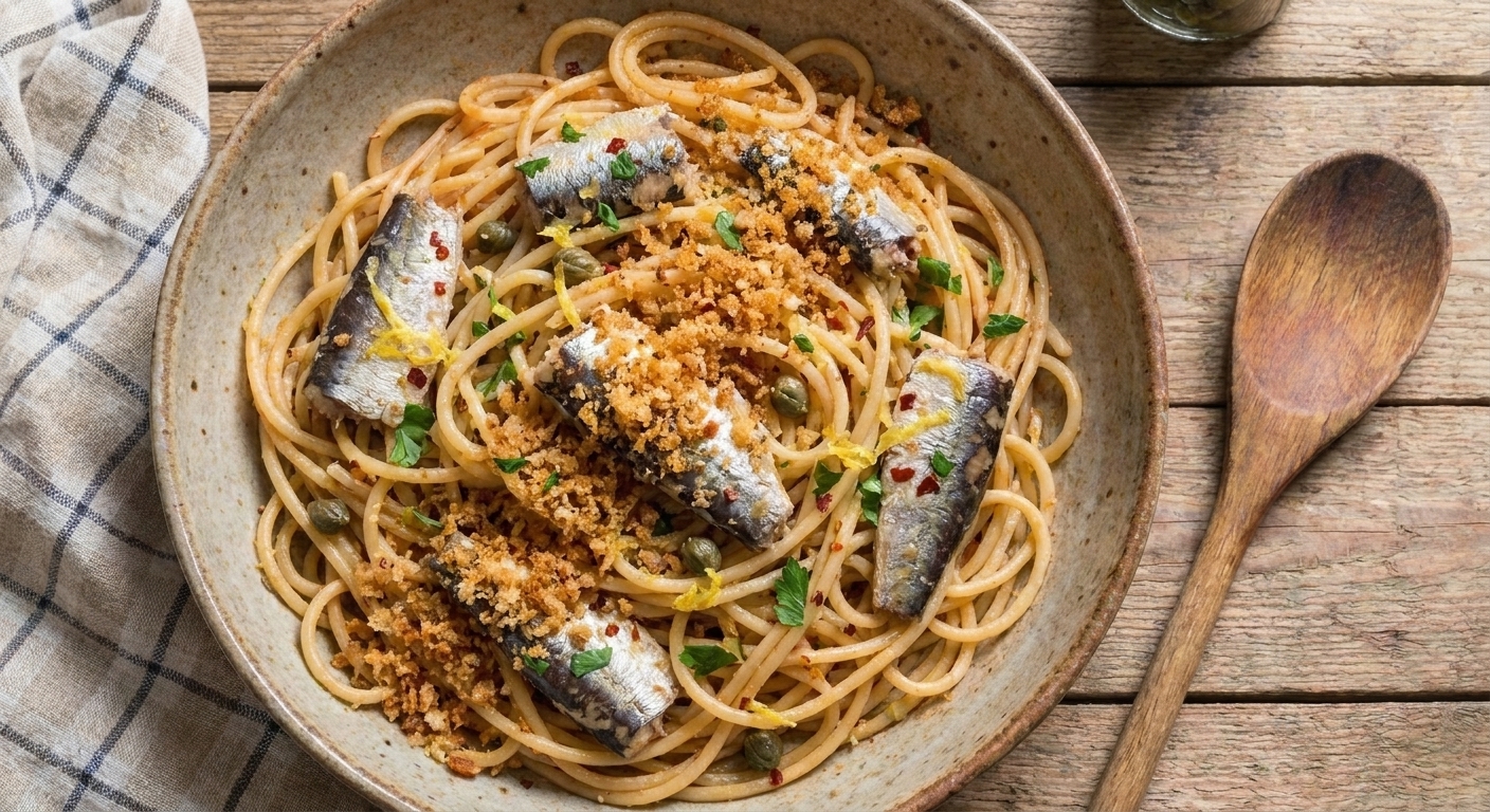 Close-up of pasta tossed with sardines and lemon, topped with toasted breadcrumbs in a shallow bowl