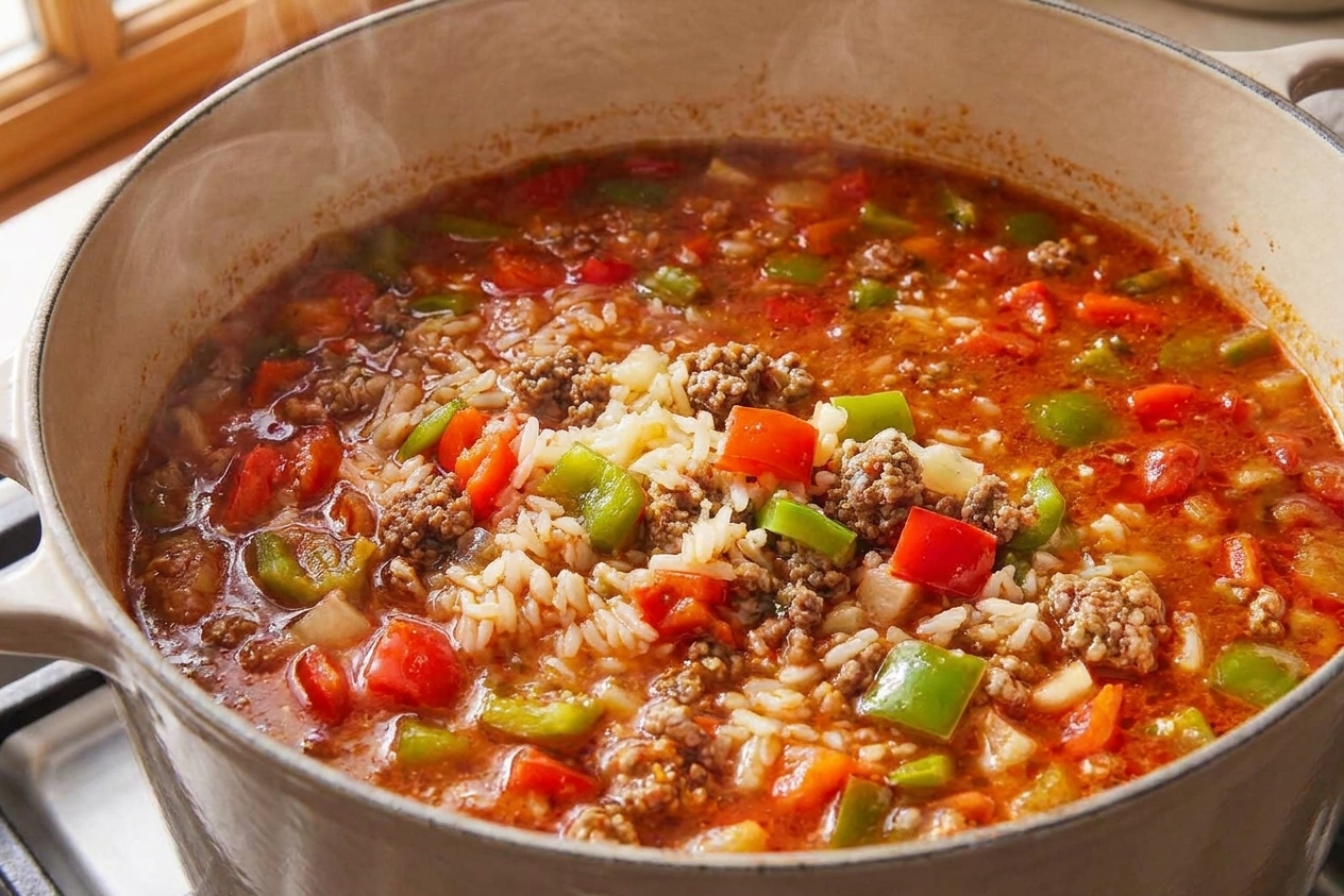Close-up view of stuffed pepper soup showing tender bell pepper pieces, ground beef crumbles, and rice suspended in a rich tomato broth