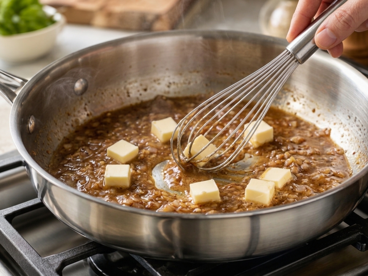 Cold butter being whisked into a pan sauce in a skillet until glossy