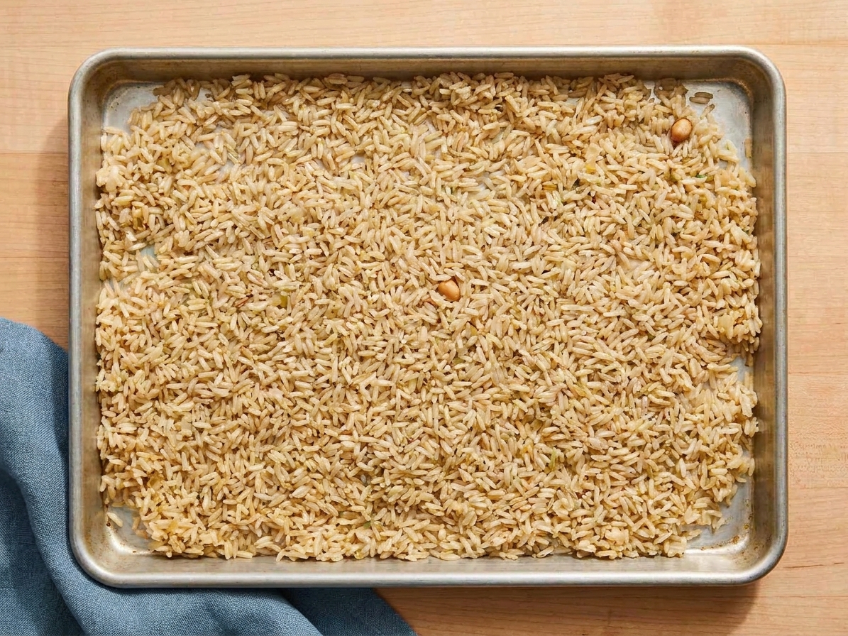 Cold leftover rice spread in an even layer on a rimmed sheet pan with visible separated grains on a kitchen counter