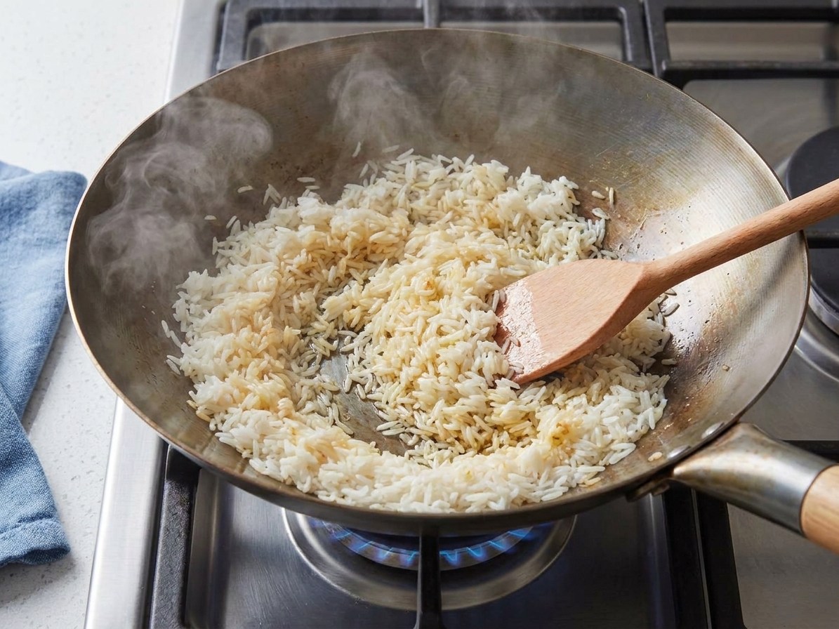 Cold rice being stir-fried in a wok over a gas burner with a wooden spatula, steam rising