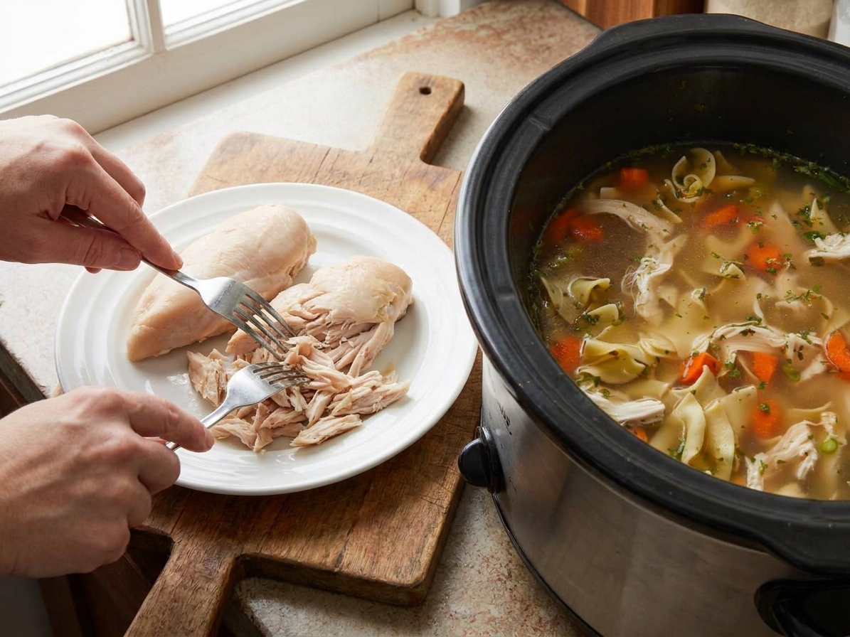 Cooked chicken being shredded with two forks on a plate next to a slow cooker filled with broth and vegetables