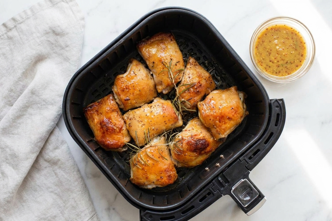 Cooked chicken thighs in an air fryer basket with browned edges, just before being tossed in honey mustard sauce