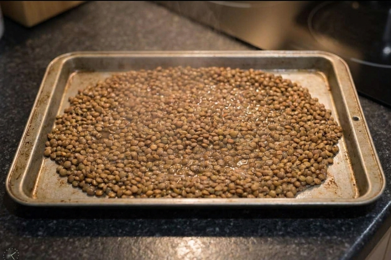 Cooked lentils spread out in a thin layer on a rimmed baking sheet to cool and release steam
