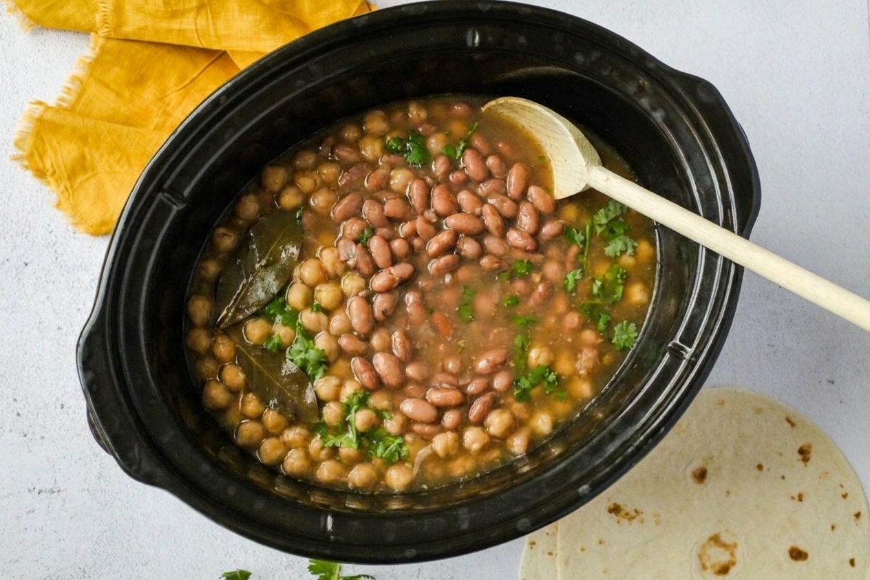 Cooked pinto beans in a slow cooker with a ladle resting on the edge