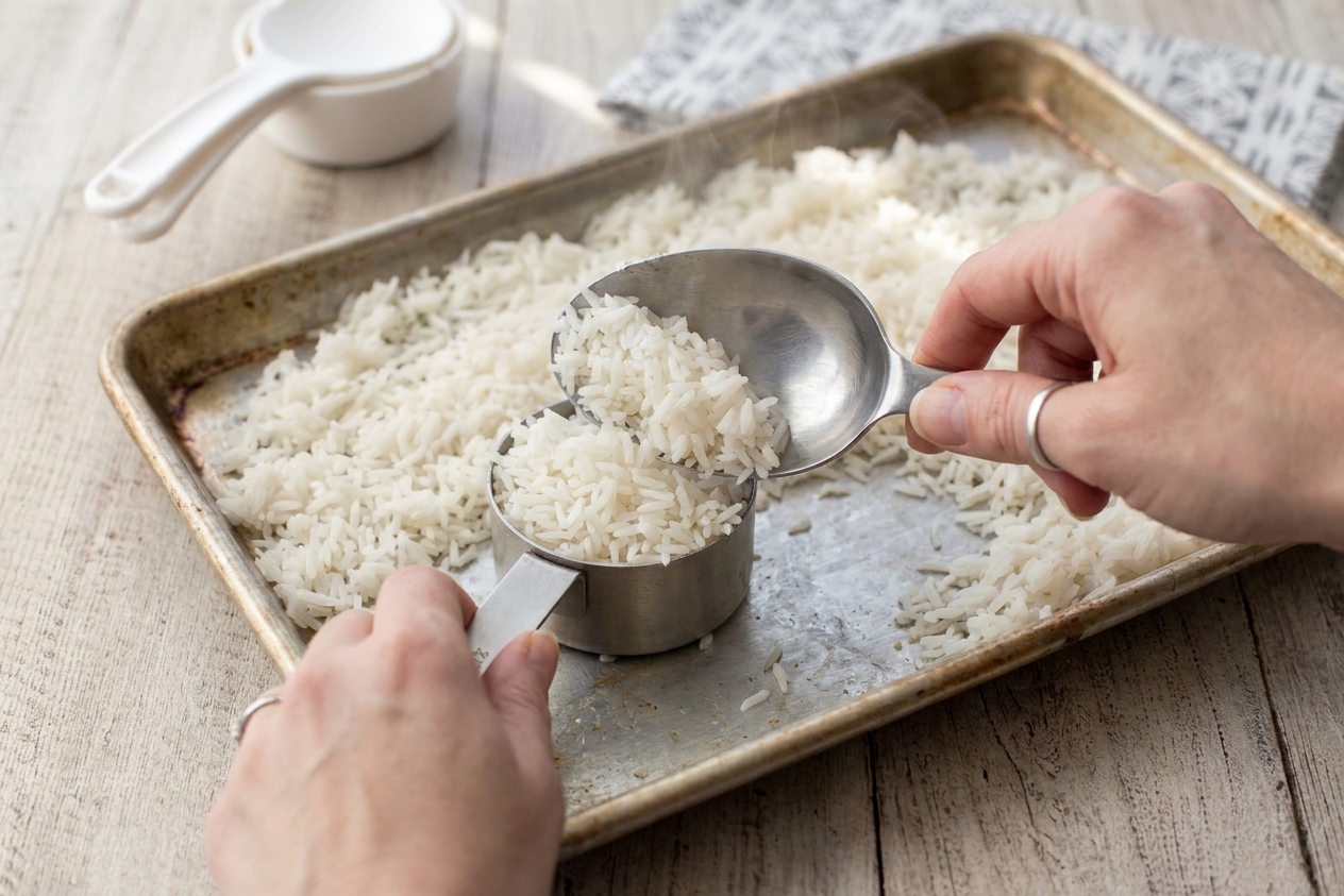 Cooked rice being scooped into a measuring cup over a sheet pan, portioning rice for freezing