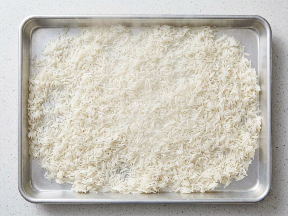 Cooked rice spread in a thin, even layer on a rimmed baking sheet, cooling briefly before being refrigerated
