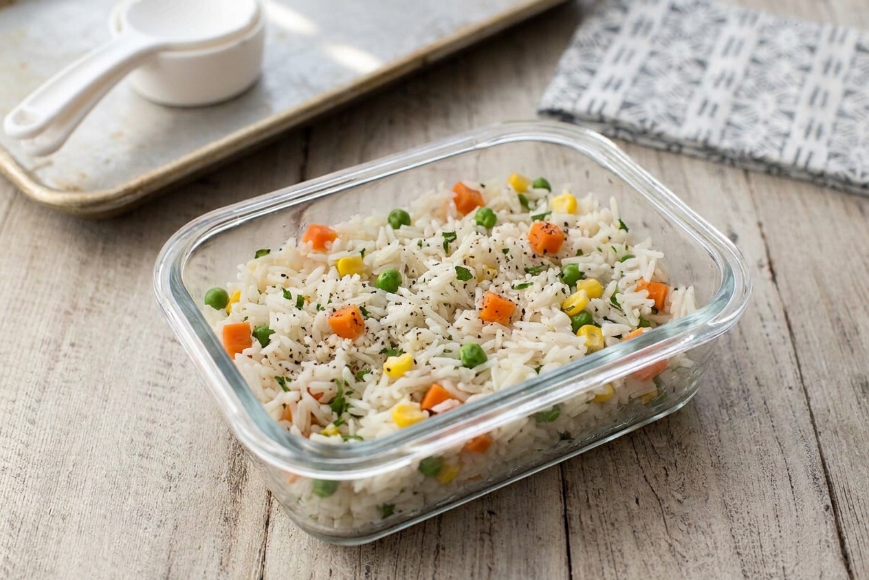 Cooked seasoned rice with vegetables portioned into a shallow airtight container on a kitchen counter