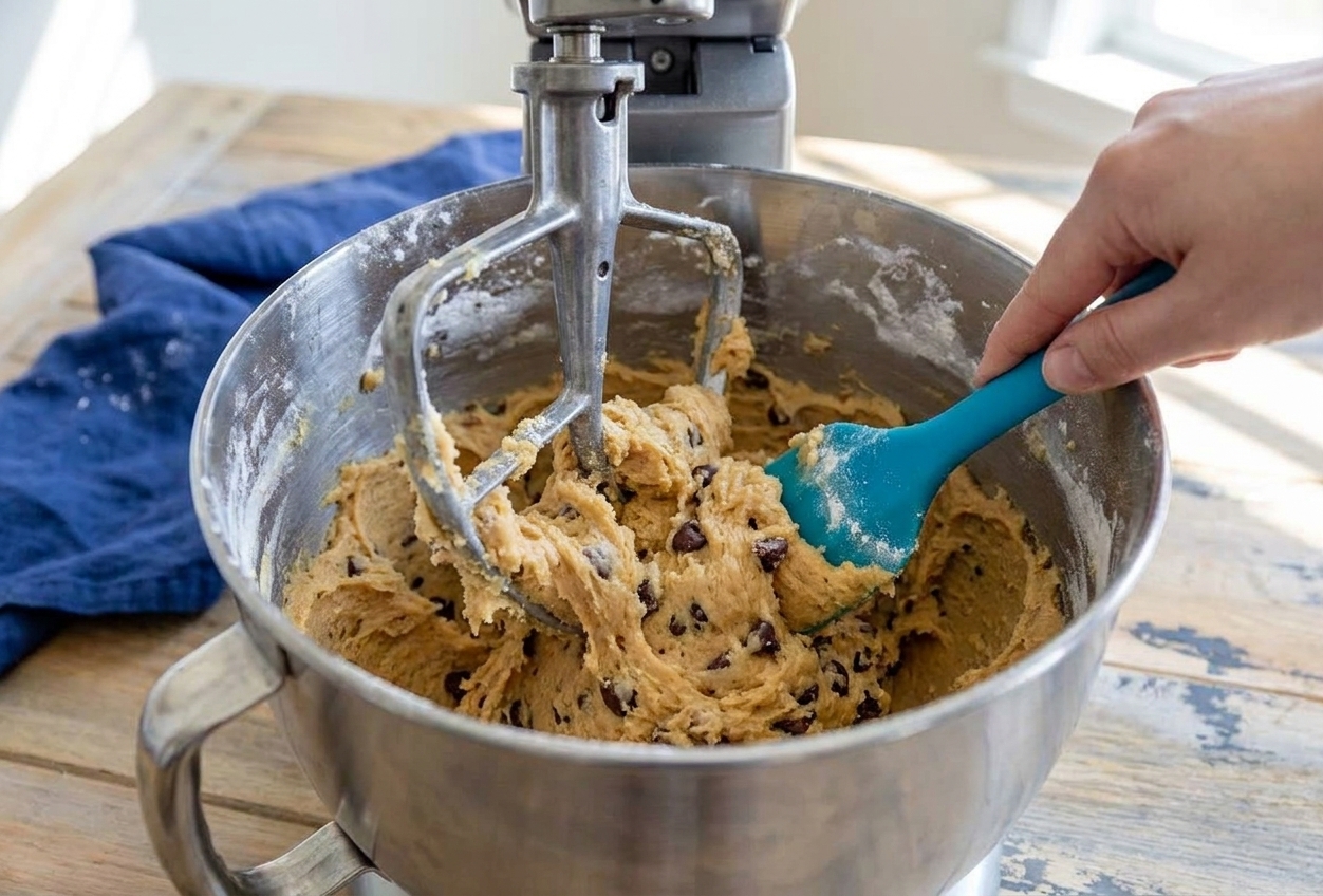 Cookie dough being mixed in a stand mixer with a silicone spatula scraping down the side of the bowl