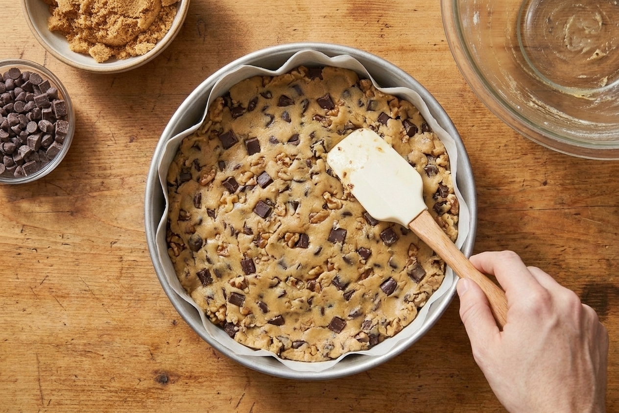 Cookie dough being pressed evenly into a parchment-lined round cake pan with chocolate chips visible on the surface