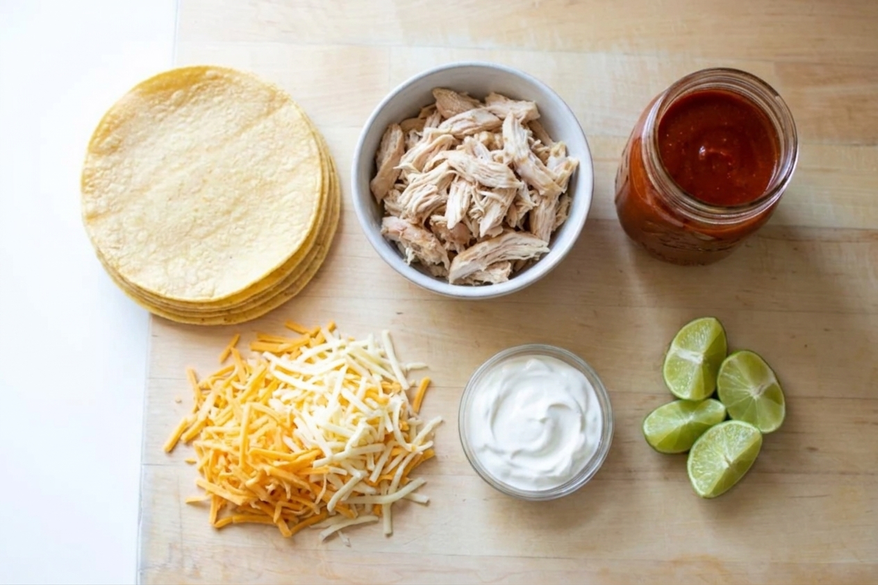 Corn tortillas, shredded chicken, red enchilada sauce, shredded cheese, sour cream, and limes arranged on a kitchen counter