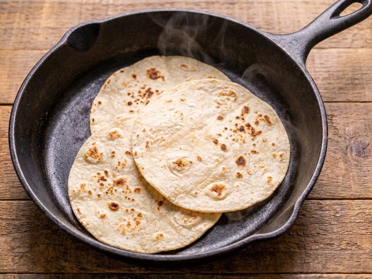 Corn tortillas warming in a hot dry skillet with light browning spots forming