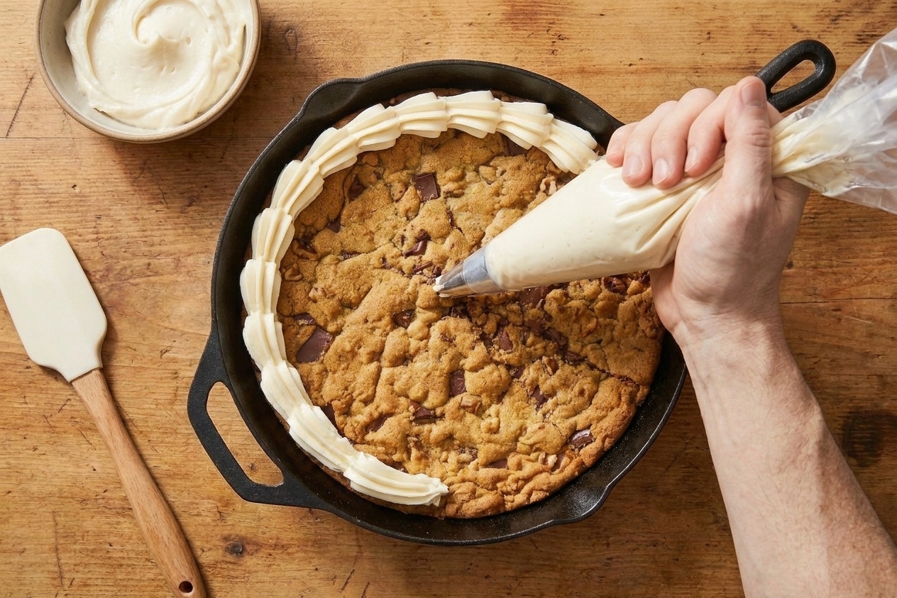 Cream cheese frosting being piped in a simple border around the edge of a cookie cake