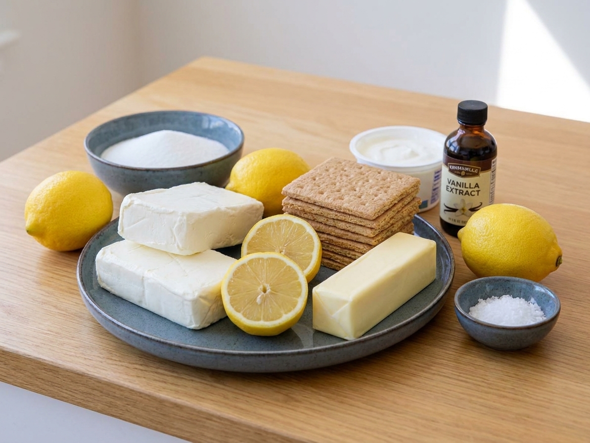 Cream cheese, lemons, graham crackers, butter, sugar, sour cream, vanilla, and salt arranged on a bright kitchen counter