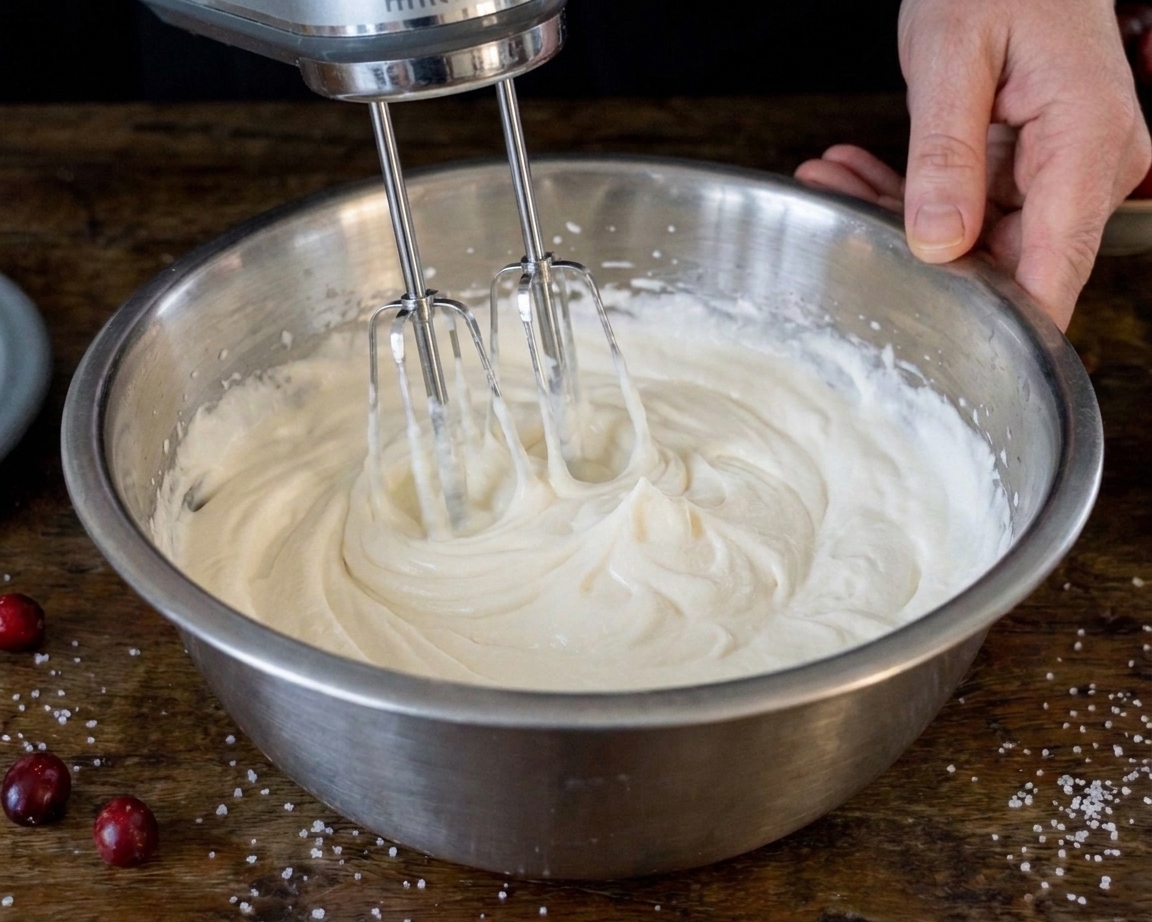 Cream cheese mixture being beaten until smooth in a mixing bowl with a hand mixer