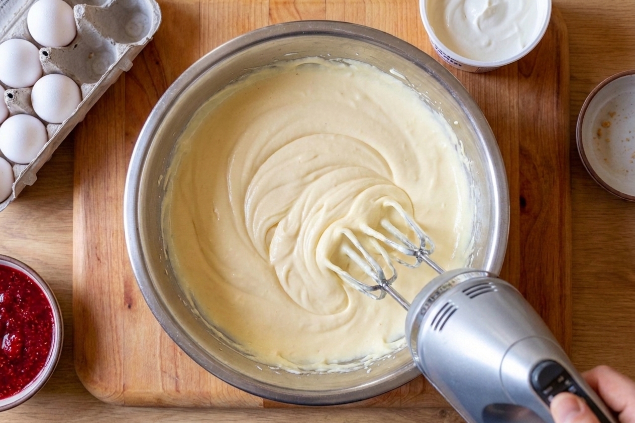 Creamy cheesecake batter being mixed in a stainless steel bowl with a hand mixer, showing a smooth, thick texture