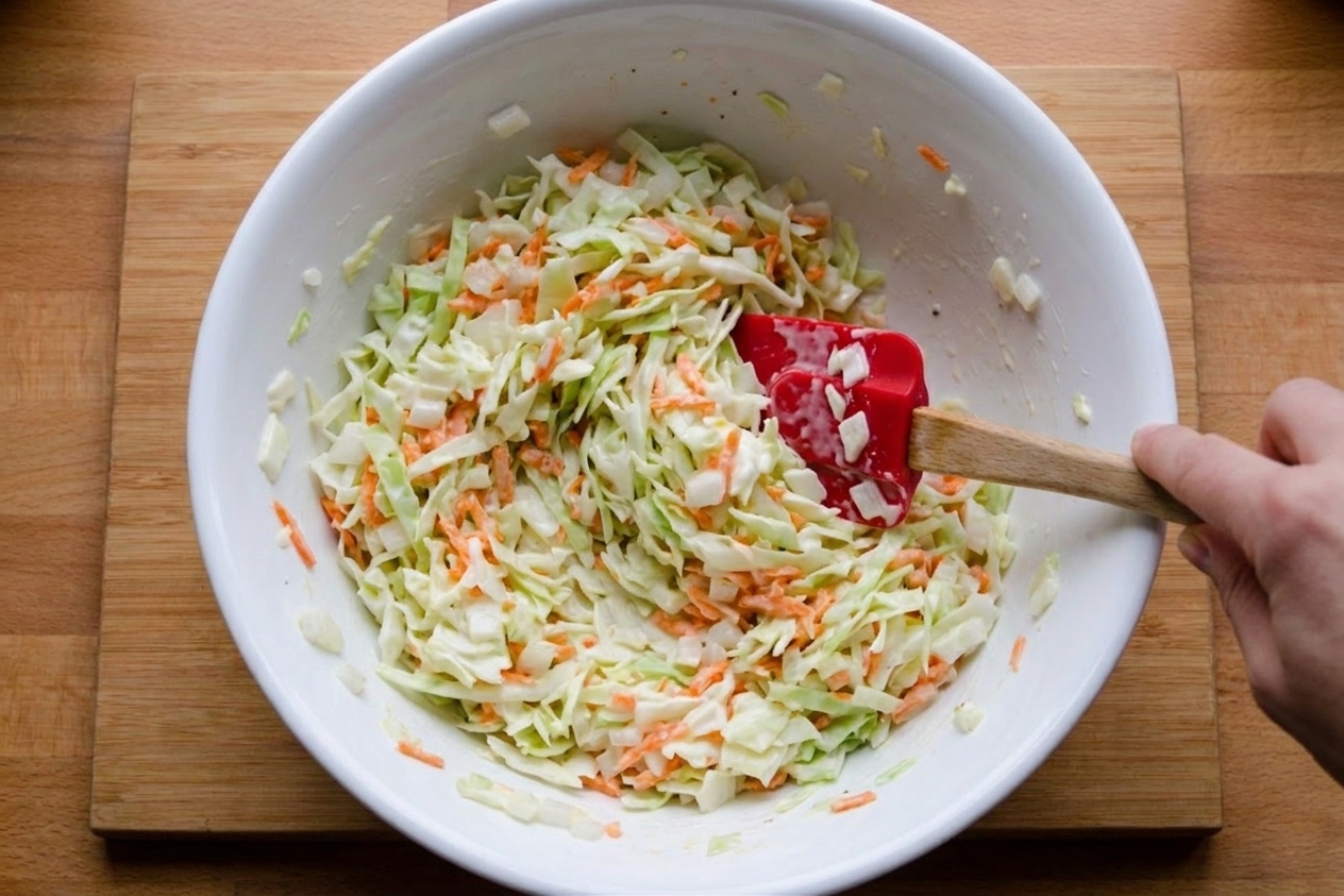 Creamy coleslaw being stirred in a large mixing bowl with a silicone spatula on a home kitchen counter