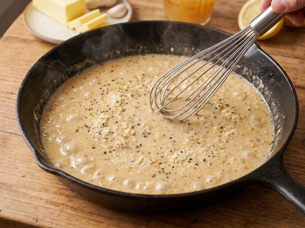 Creamy garlic Parmesan sauce being whisked in a skillet with small bubbles around the edges