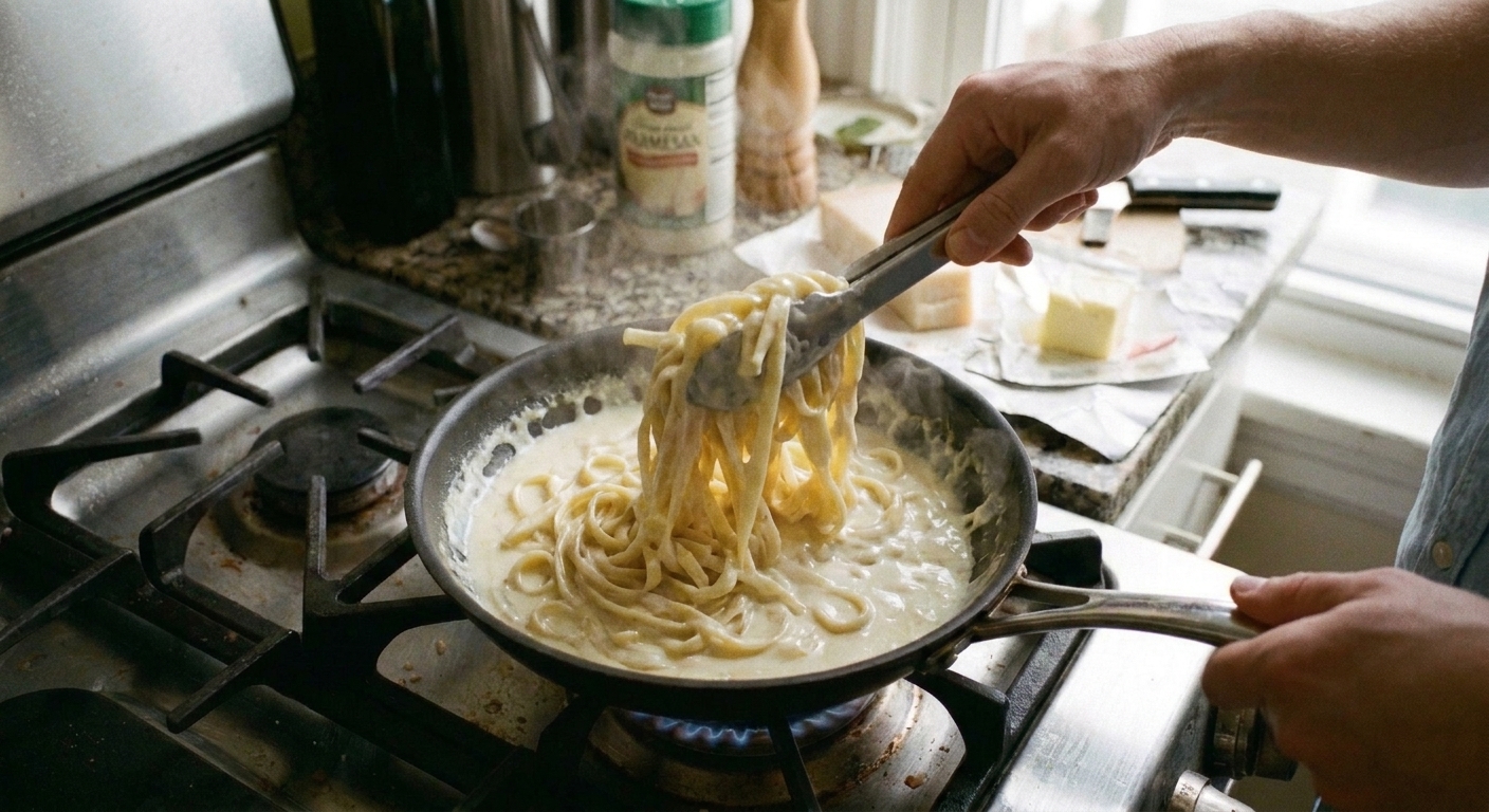 Creamy pasta being tossed with tongs in a skillet, the sauce looking glossy and smooth under warm kitchen lighting