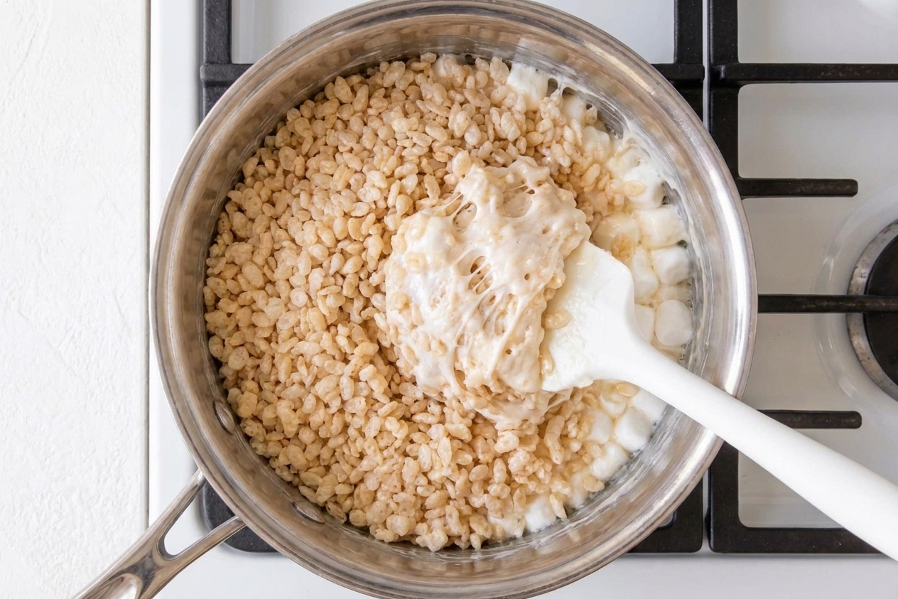 Crisp rice cereal being folded into melted marshmallow mixture in a large pot
