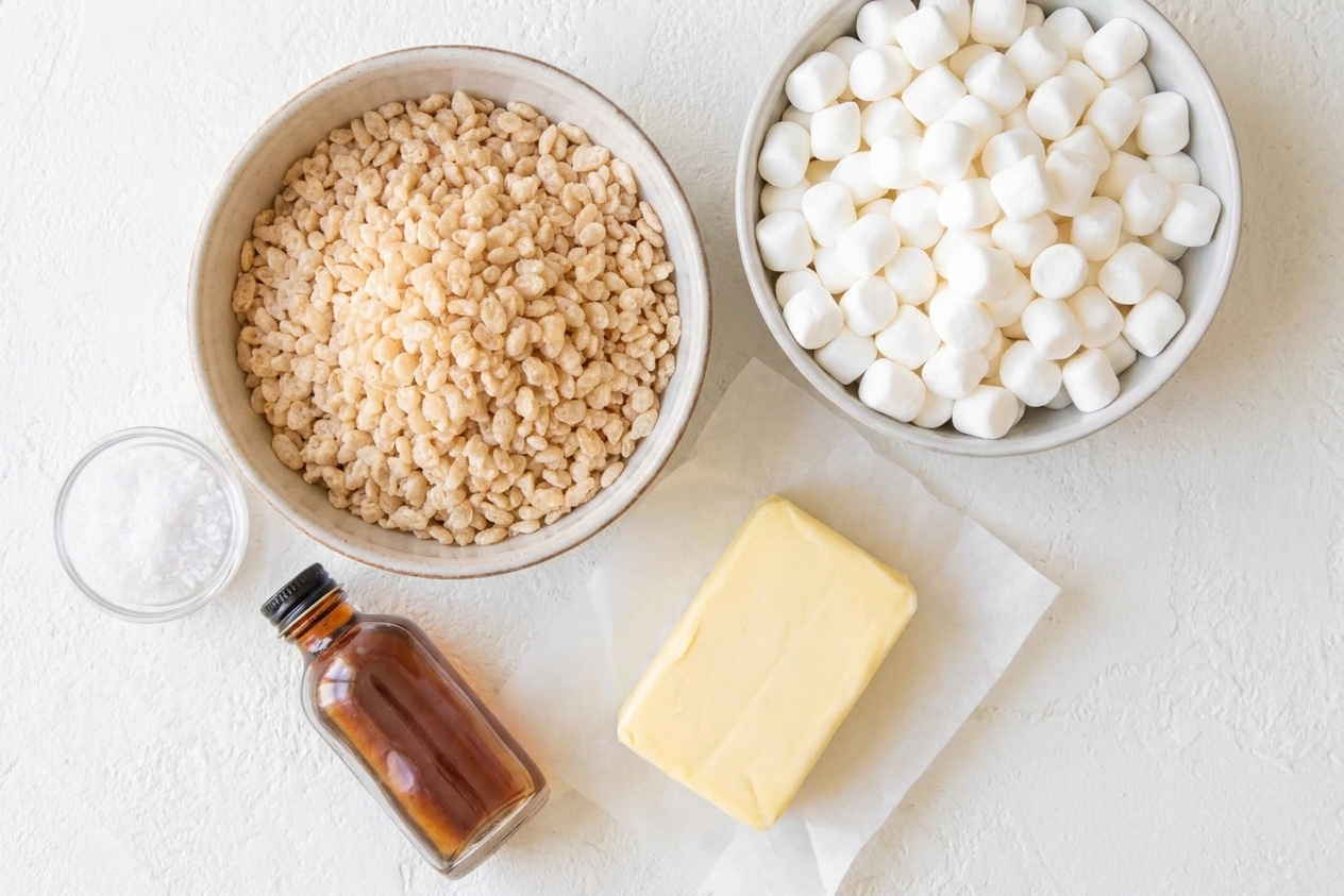 Crisp rice cereal, mini marshmallows, butter, vanilla, and flaky salt arranged on a light kitchen counter