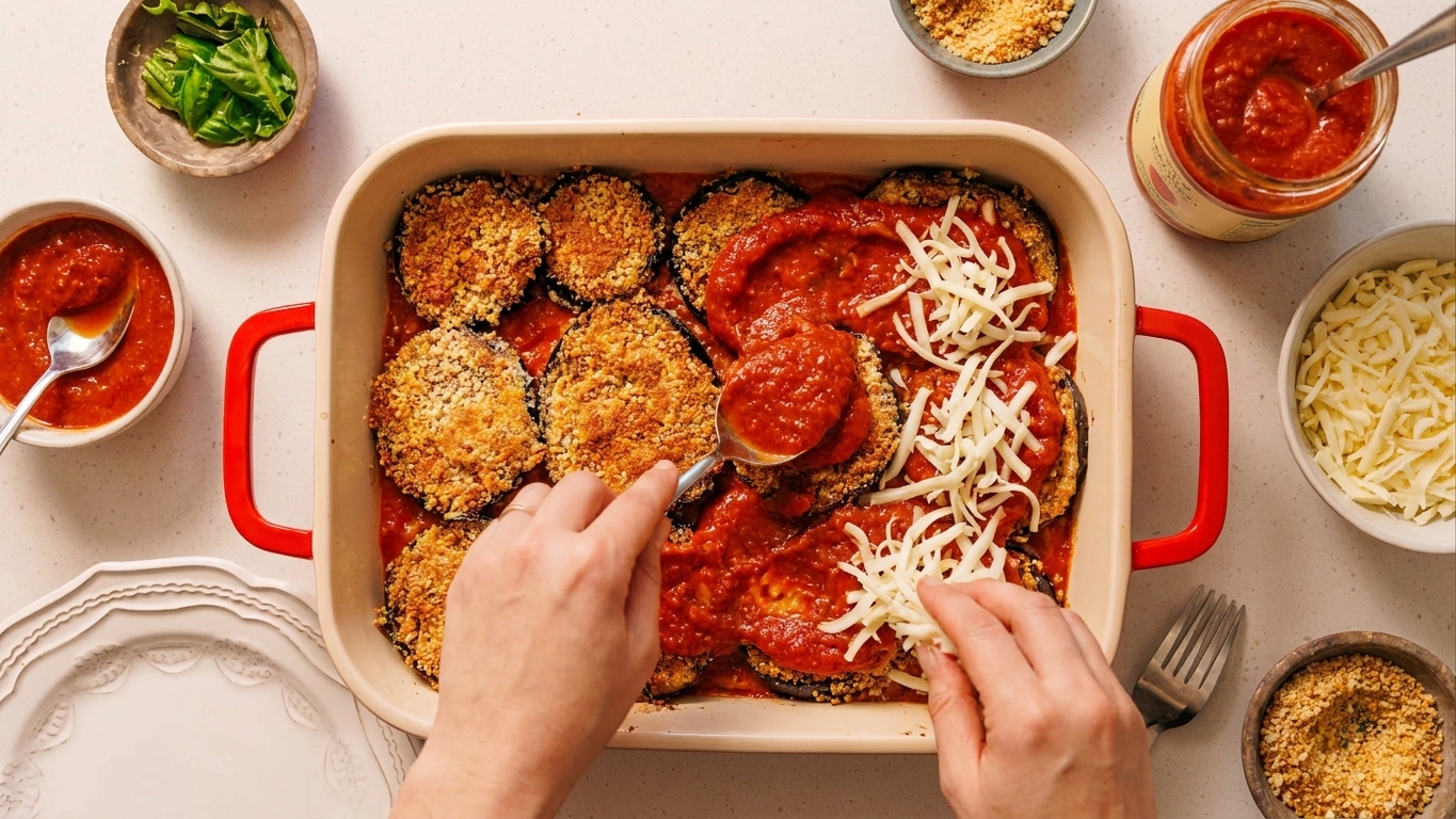 Crispy baked eggplant slices being layered into a ceramic baking dish with spooned marinara and scattered shredded mozzarella