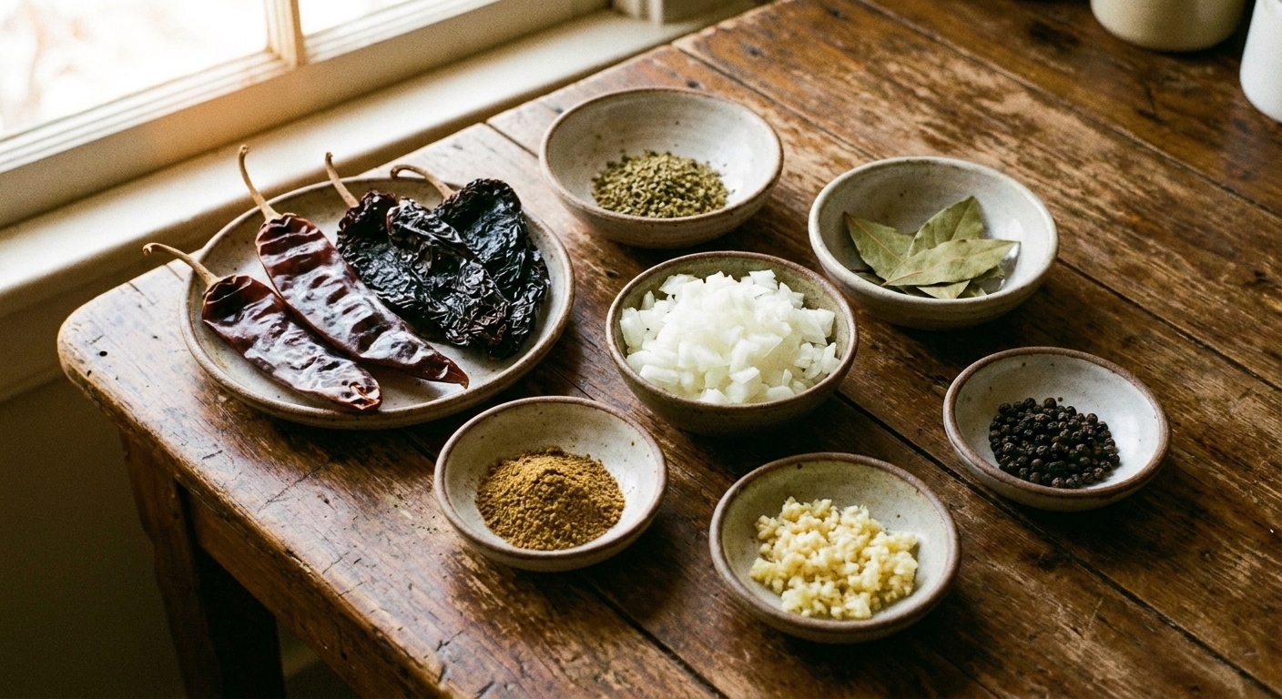 Dried guajillo and ancho chiles, cumin, onion, garlic, and other chili ingredients arranged on a kitchen counter in small bowls