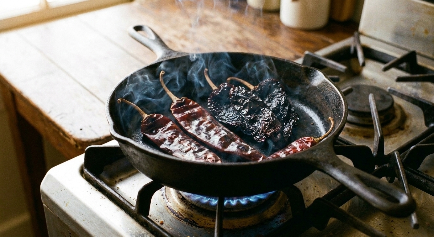 Dried guajillo and ancho chiles toasting in a dry skillet over a gas stove, slightly blistered and fragrant