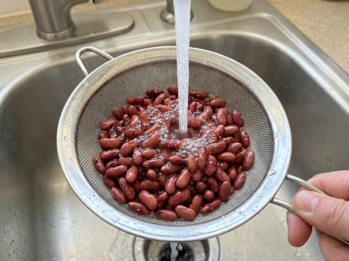 Dry beans being rinsed in a fine mesh strainer under running water in a home kitchen sink