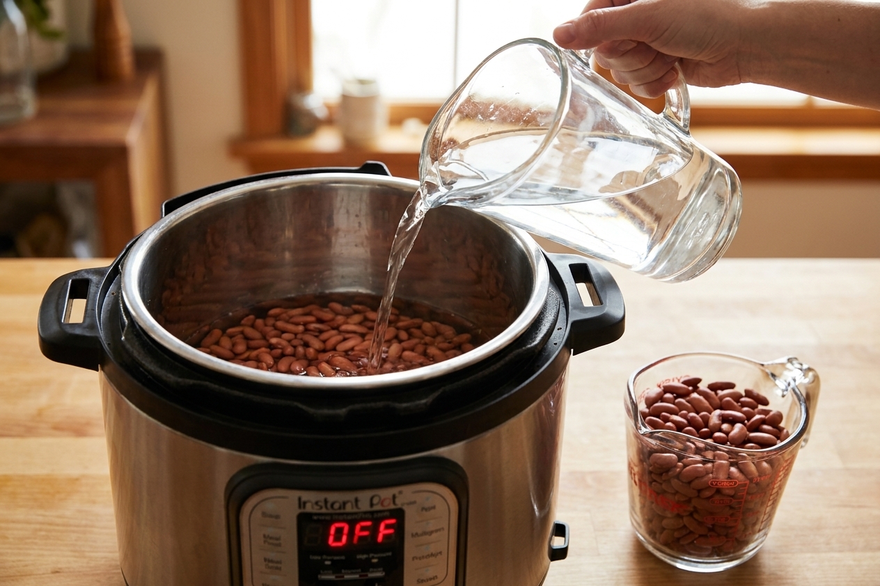 Dry beans in a measuring cup with water being poured into an Instant Pot inner pot on a kitchen counter