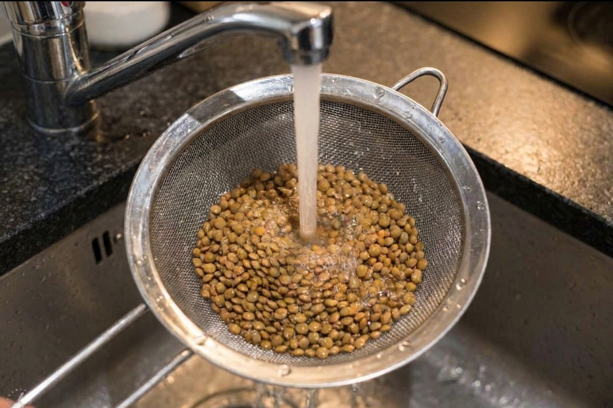 Dry lentils being rinsed under running water in a fine mesh strainer over a kitchen sink
