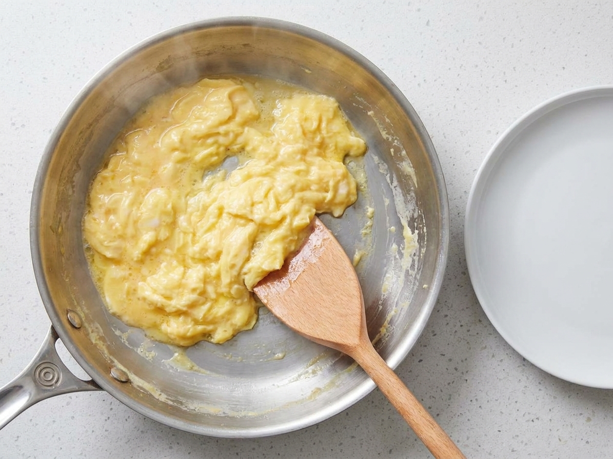 Eggs being softly scrambled in a hot skillet with a spatula, just before being removed to a plate