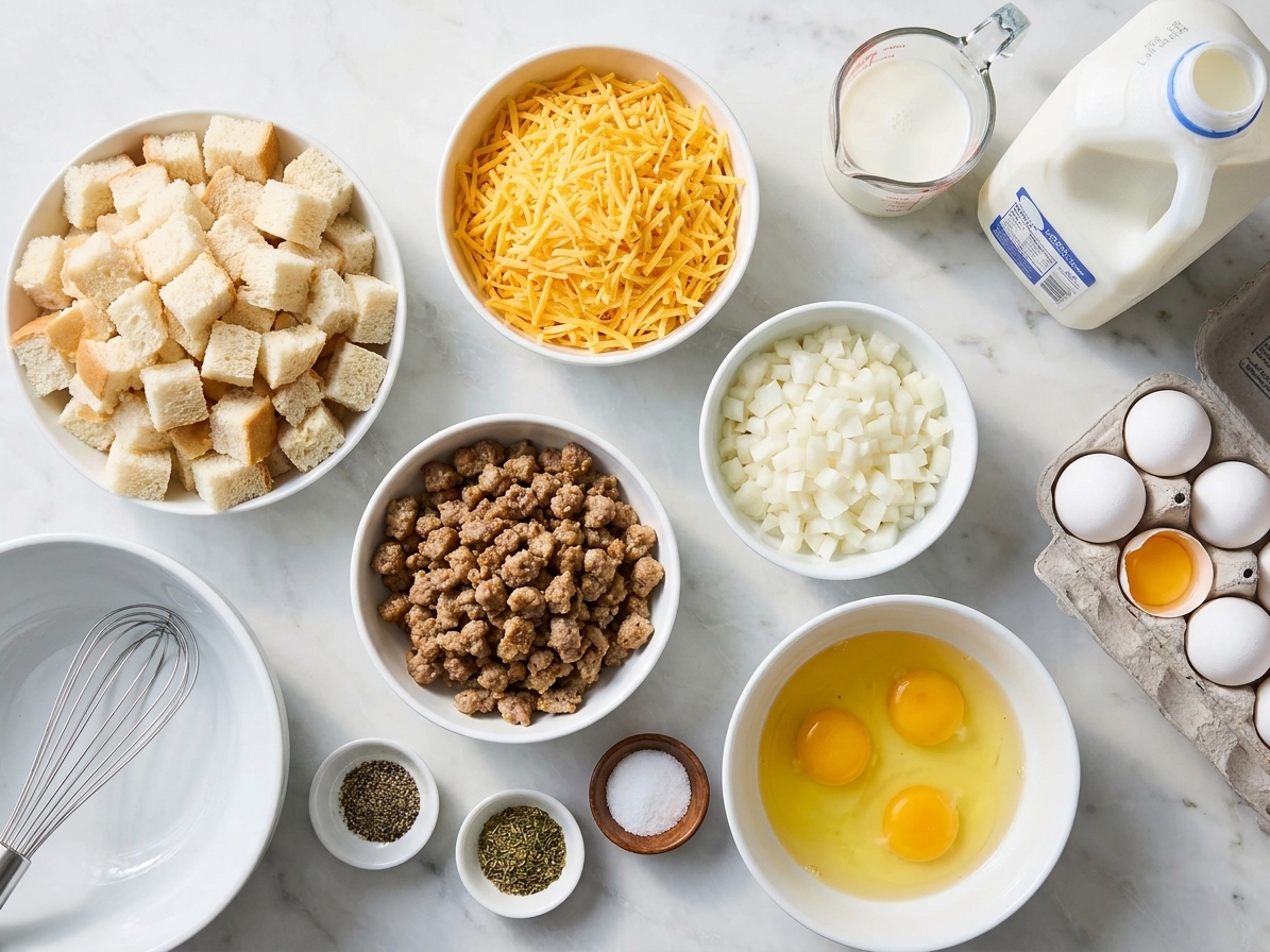 Eggs, milk, bread cubes, shredded cheese, cooked sausage, diced onion, and seasonings arranged on a kitchen counter